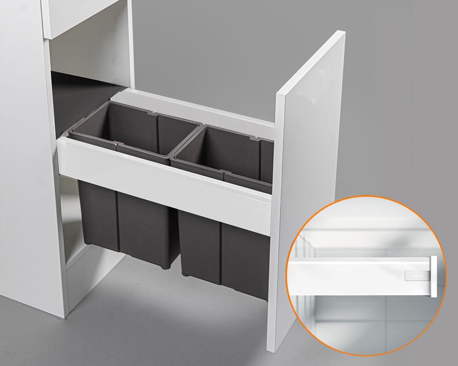Blum TANDEMBOX antaro Standard Drawer M Height 83MM 65kg 500mm Silk White with BLUMOTION + Grey 20LT (2x8LT bins) WBPB3020Z. To suit 300mm cabinet