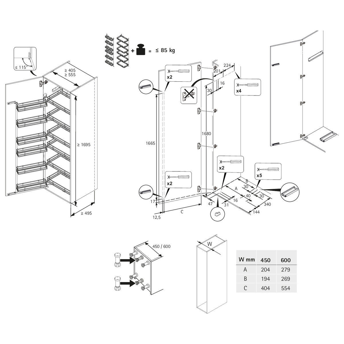 Iseo 400, swivelling pull-out for larder units, all inclusive set, cabinet body width 600 mm, anthracite
