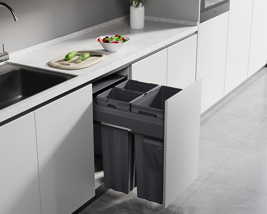 Kia Ora VITA 69L (2x16L+37L) Kitchen Bin in Dark Grey. To suit 450mm cabinet K69450