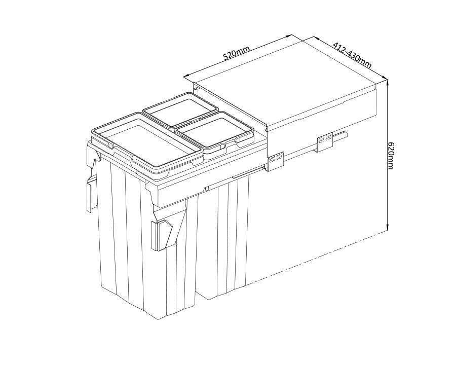 Kia Ora VITA 69L (2x16L+37L) Kitchen Bin in Dark Grey. To suit 450mm cabinet K69450