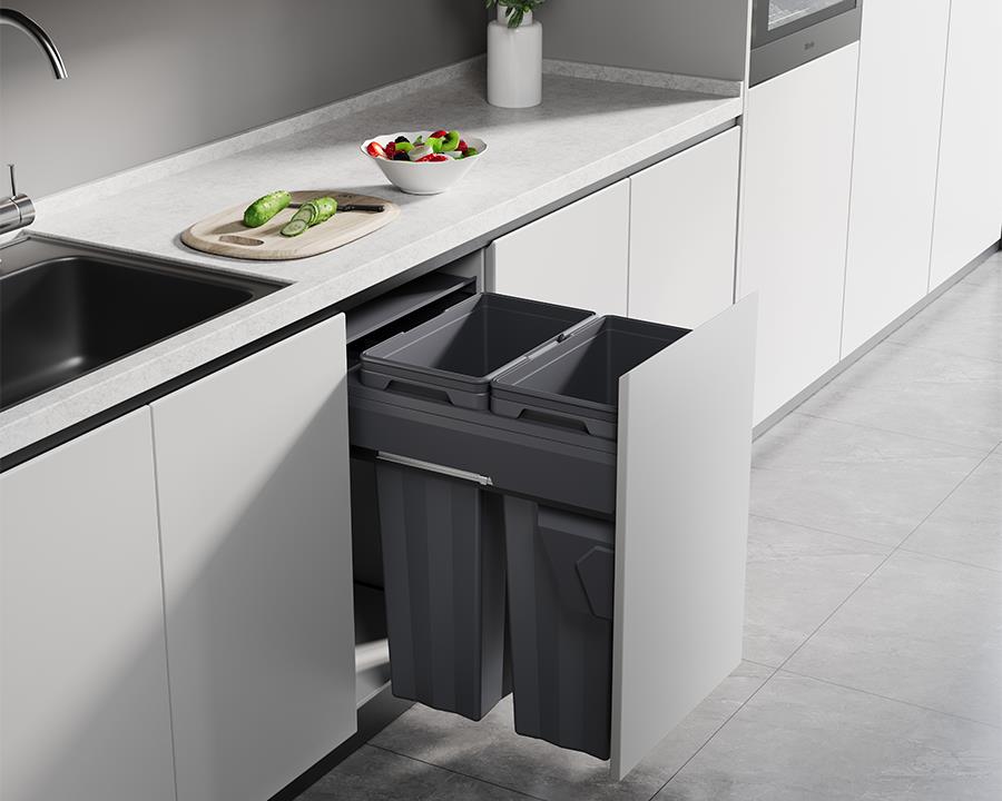 Kia Ora VITA 74L (2x37L) Kitchen Bin in Dark Grey. To suit 500mm cabinet K74
