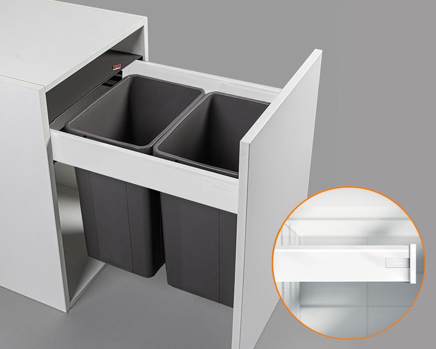 Blum TANDEMBOX antaro Standard Drawer M Height 83MM 65kg 500mm Silk White with BLUMOTION + Grey 64LT (2x32LT bins) WBPB4564Z. To suit 450mm cabinet