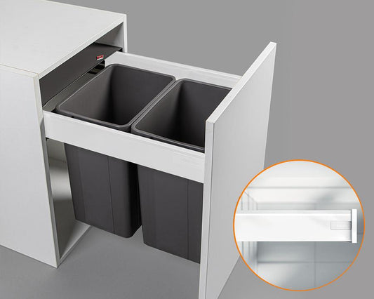 Blum TANDEMBOX antaro Standard Drawer M Height 83MM 65kg 500mm Silk White with BLUMOTION + Orion Grey 52LT (2 x 26L bins) WBPB4552Z. To suit 450mm cabinet