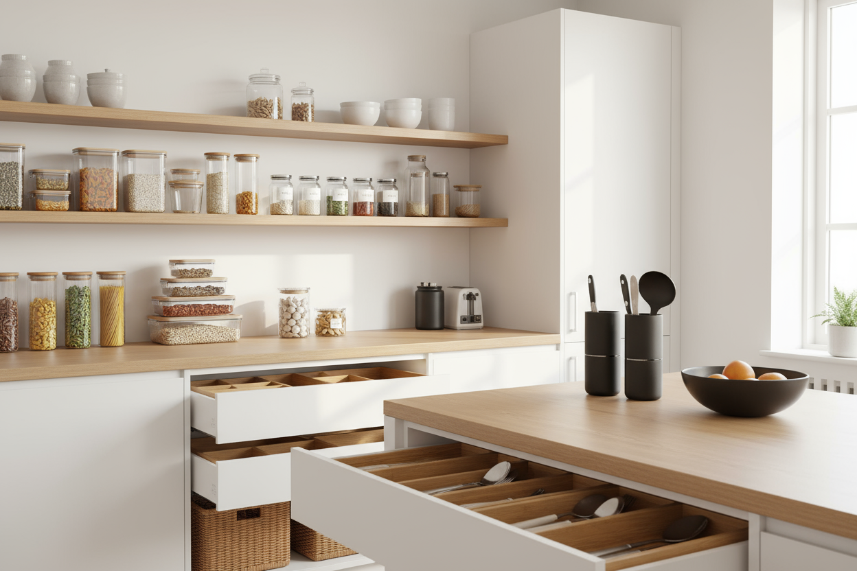 Create a modern square banner image (1:1 ratio) for an Australian kitchen storage website named “The Kitchen Organiser.” Use a bright, minimalist kitchen background (white or light wood tones). Focus on clean design, high-quality lighting, and premium home styling. Each image should clearly represent the specific collection title below with realistic kitchen products. Add subtle shadows, natural textures, and no text overlay.